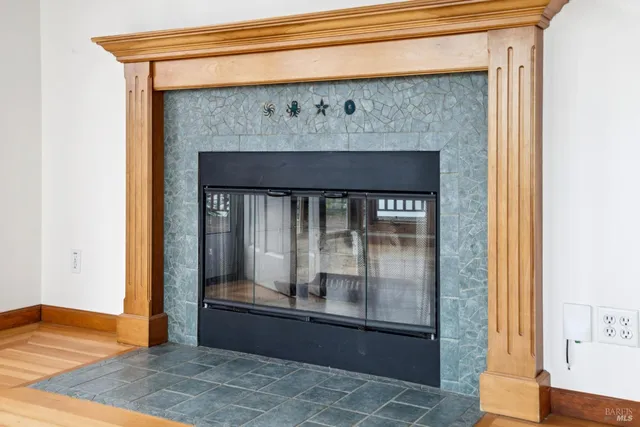 a room with a fireplace