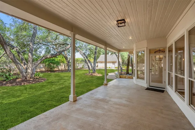 a view of a porch with garden