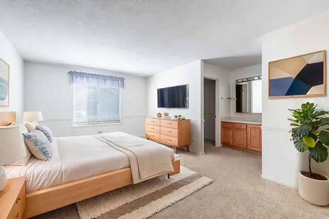 a bedroom with a bed and a flat screen tv