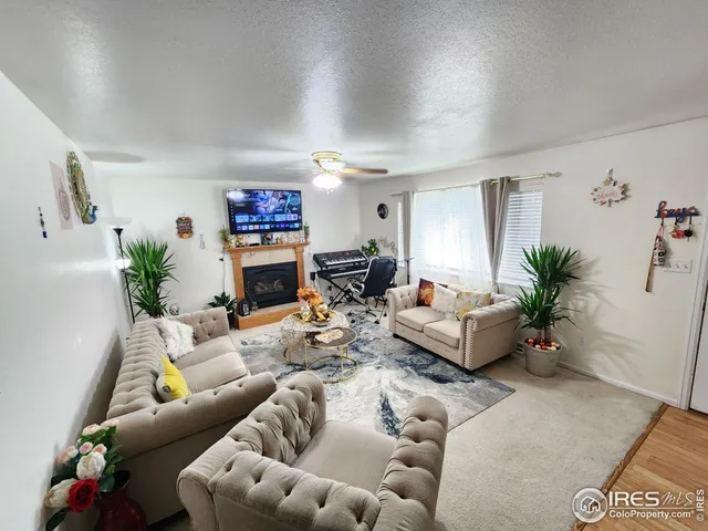 a living room with furniture a fireplace and a potted plant