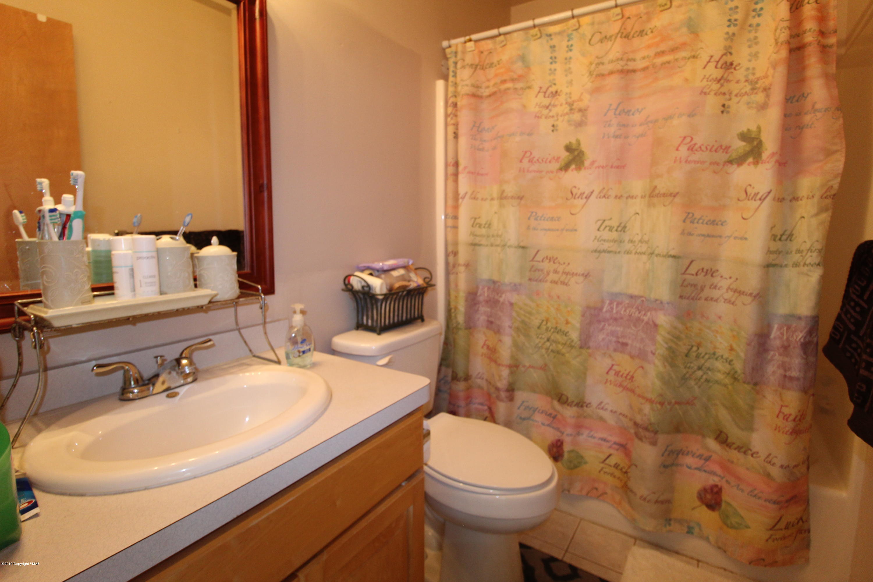195 Granite Road Long Pond, PA 18334 - Photo 17 of 29 a bathroom with a sink a toilet and shower curtain