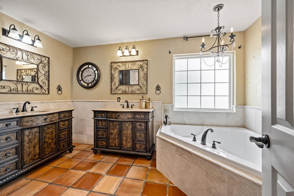 2141 Old Denton Road Decatur, TX 76234 - Photo 19 of 40 Bathroom featuring a corner soaking tub, two individual vanities and separate shower.