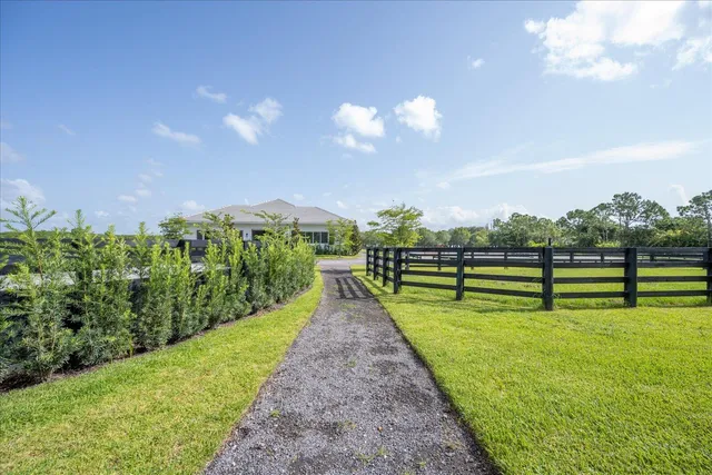 a view of house with a yard and potted plants