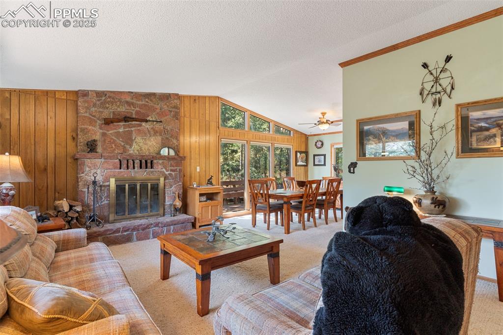 5580 Moosa Road Cascade, CO 80809 - Photo 6 of 35 a living room with furniture and a chandelier