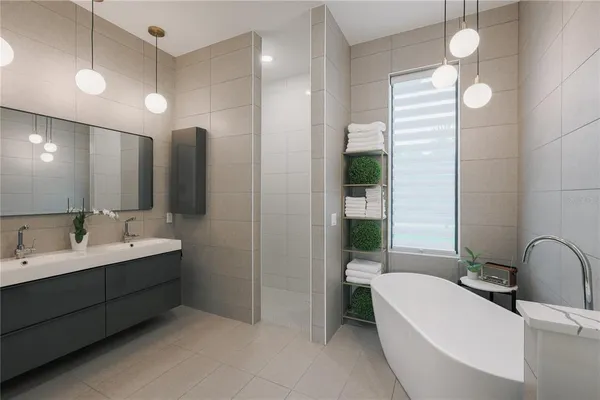 a bathroom with a double vanity sink and a mirror