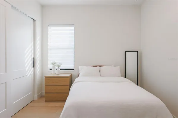 a bedroom with a bed and a window