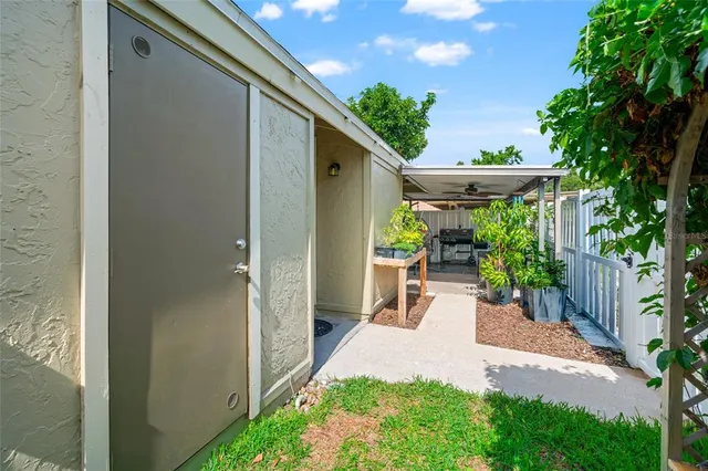 a view of a backyard with plants and a patio