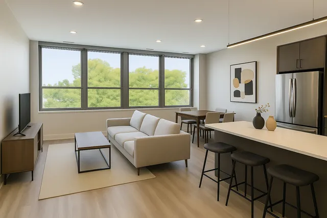 a living room with furniture and large window