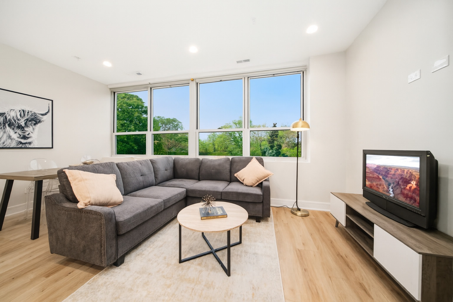 8900 Windemere Avenue, Unit 2A Brookfield, IL 60513 - Photo 5 of 14 a living room with furniture a flat screen tv and a floor to ceiling window