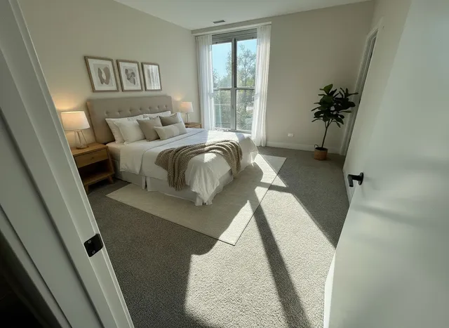 a bedroom with a bed and a large window