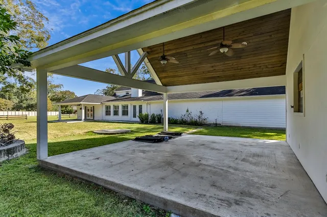 a view of a house with a yard potted plants and large tree