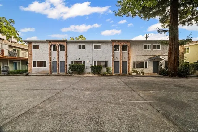 front view of a building with a street