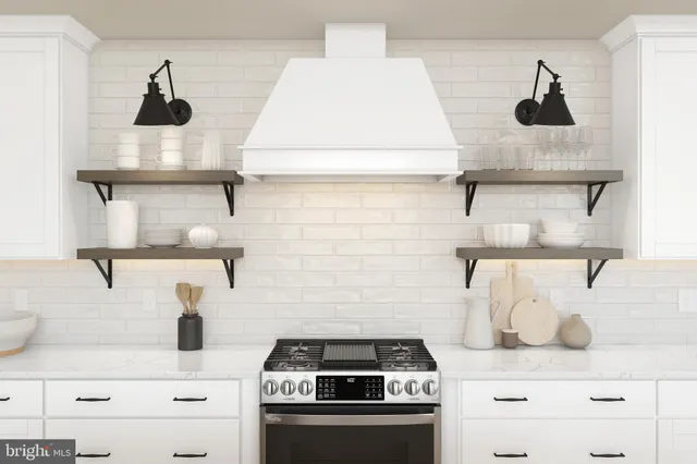 a kitchen with a stove and cabinets