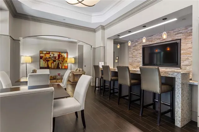 a view of a dining room with furniture