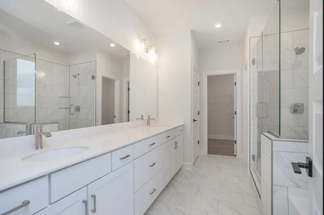 a bathroom with a double vanity sink mirror and shower