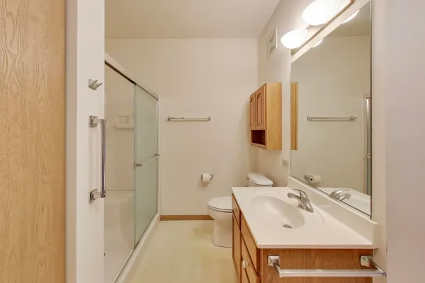 a bathroom with a sink a toilet and shower