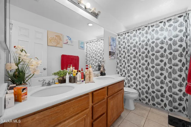 a bathroom with a sink a toilet and shower curtain