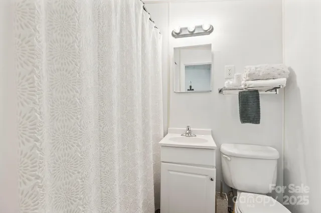 a bathroom with a toilet sink vanity and mirror