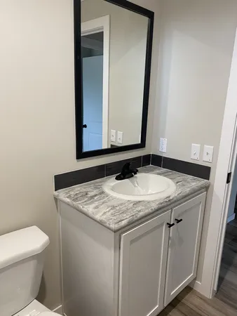 a bathroom with a granite countertop sink and a mirror