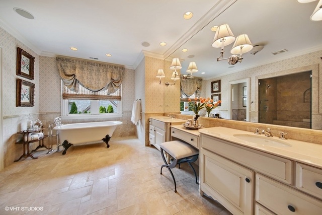 607 West Maple Street Hinsdale, IL 60521 - Photo 22 of 59 a spacious bathroom with a double vanity sink and a mirror