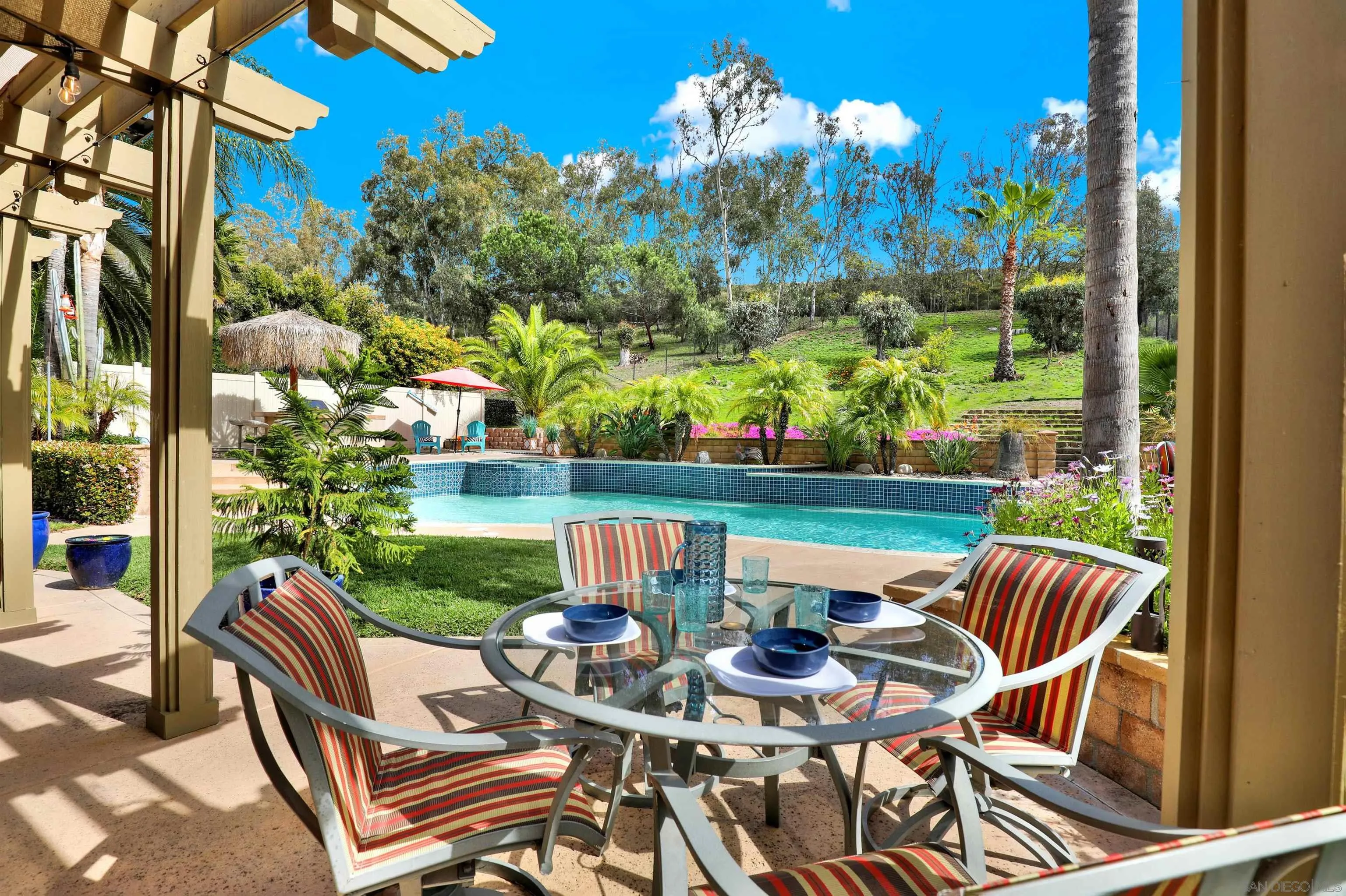 13901 Carriage Road Poway, CA 92064 - Photo 24 of 37 a view of a patio with table and chairs and potted plants