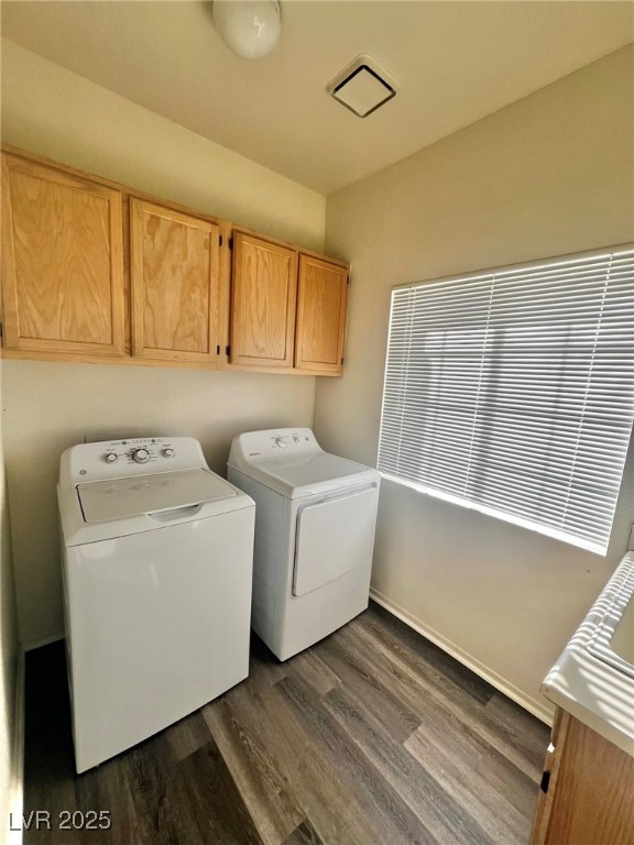 6656 Goldencreek Way, Unit HOME Las Vegas, NV 89108 - Photo 16 of 22 Washroom with cabinet space, dark wood-style floors, and washer and dryer