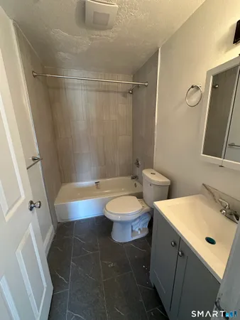 a bathroom with a sink a toilet a mirror and shower