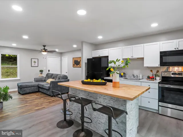 a view of a dining room with furniture