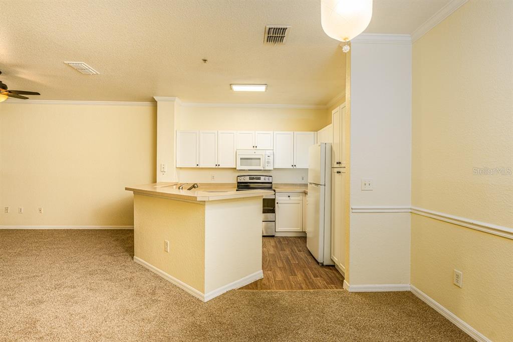 3561 Conroy Road, Unit 215 Orlando, FL 32839 - Photo 11 of 43 a kitchen with a refrigerator and white cabinets