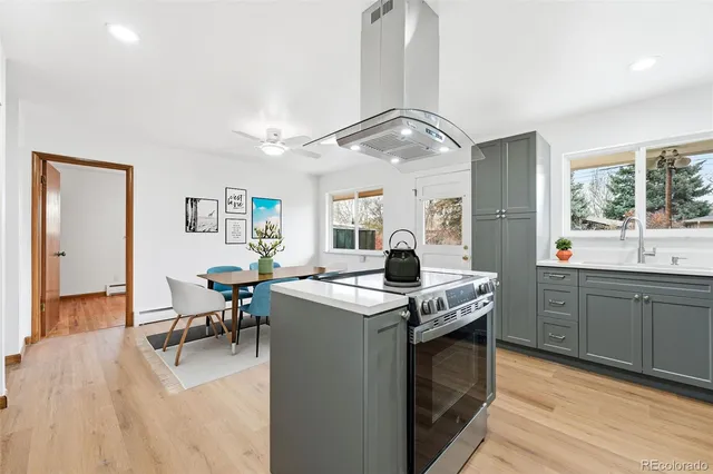 a kitchen with stainless steel appliances kitchen island granite countertop a stove and a sink