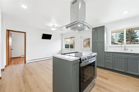 a kitchen with granite countertop a stove and a sink