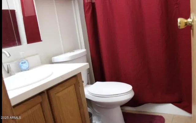a bathroom with a sink a toilet and a shower curtain