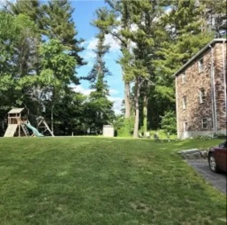 a view of a big yard with plants and large trees