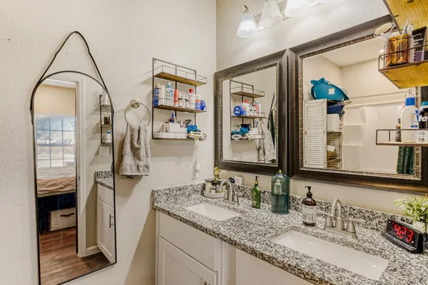 a bathroom with a granite countertop sink a mirror and shower