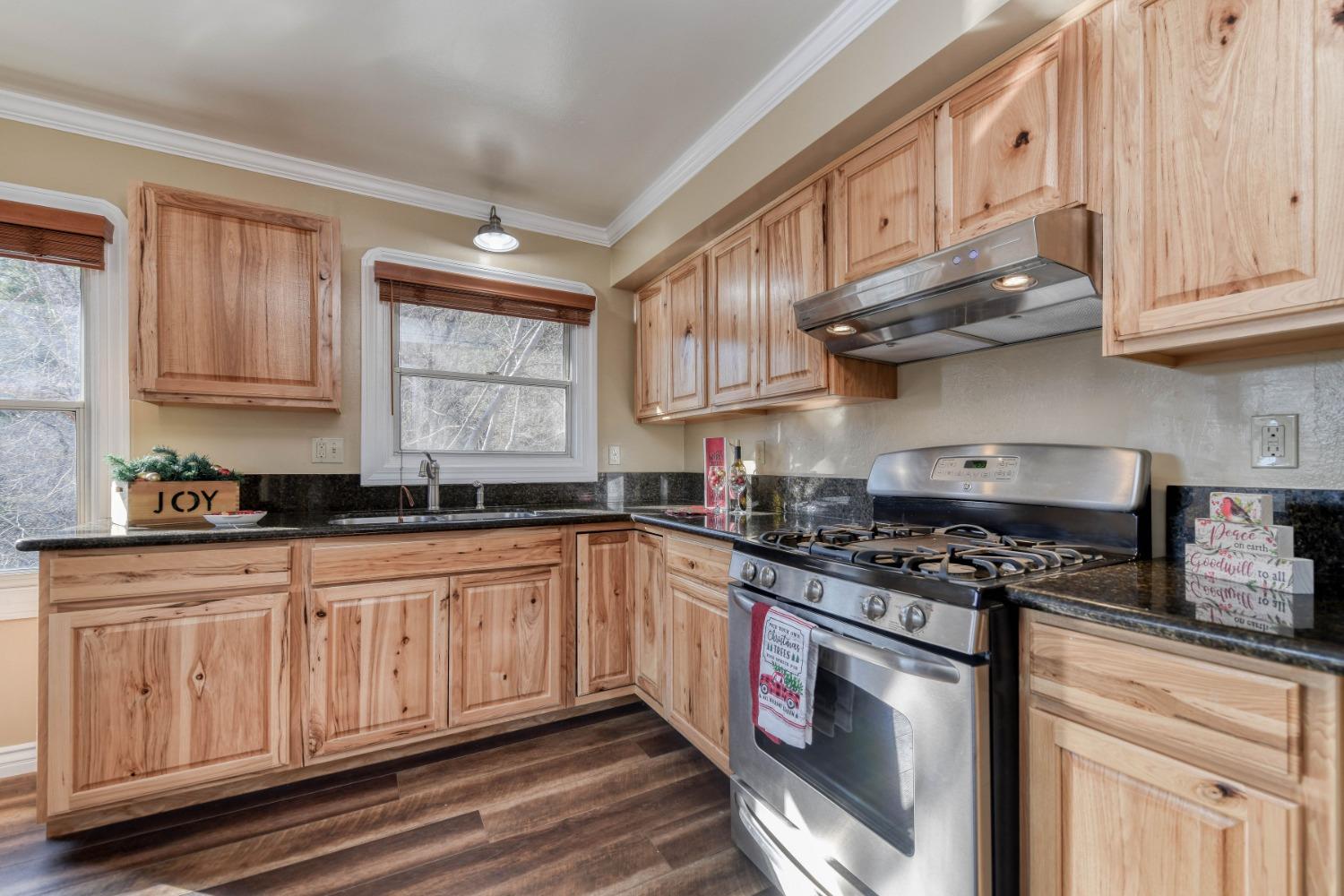 21335 Consolation Street Volcano, CA 95689 - Photo 20 of 41 a kitchen with stainless steel appliances granite countertop a stove sink and cabinets