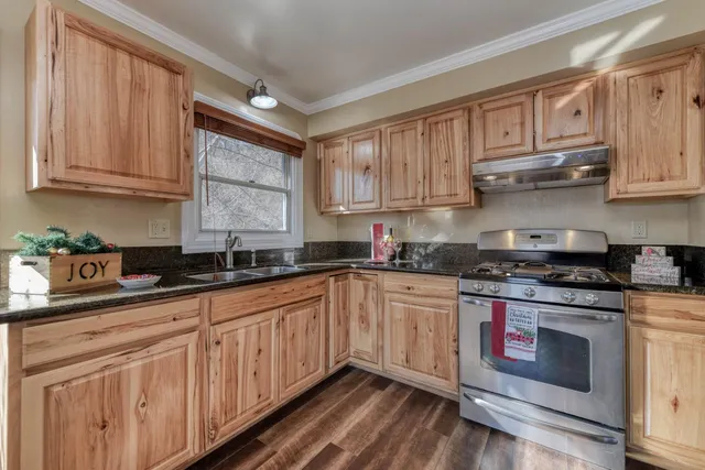 a kitchen with stainless steel appliances granite countertop a stove a sink and a microwave