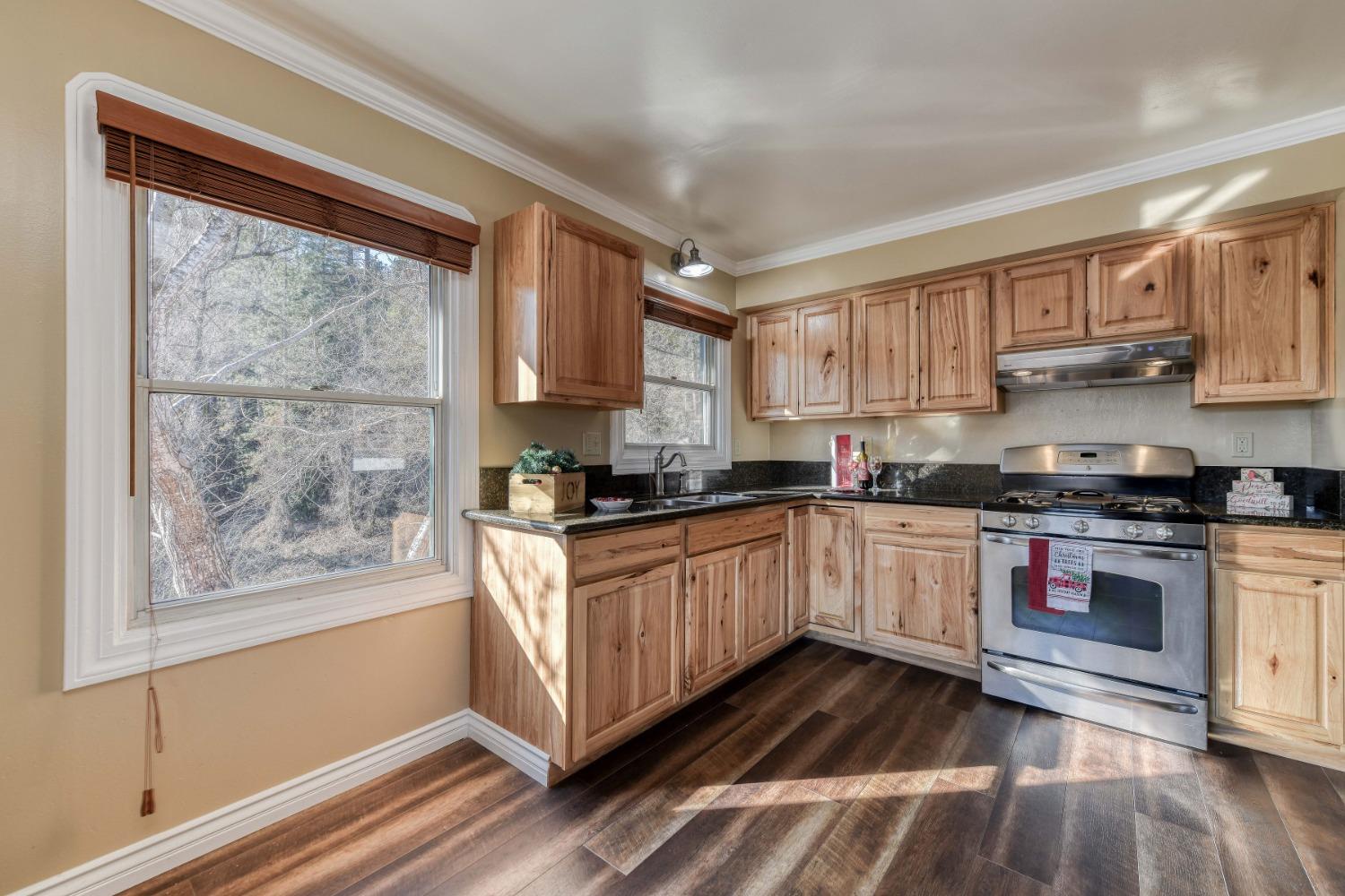 21335 Consolation Street Volcano, CA 95689 - Photo 25 of 41 a kitchen with stainless steel appliances granite countertop a stove a sink and a microwave