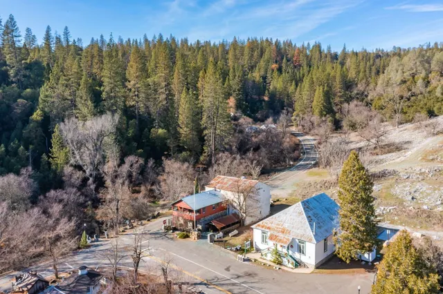 a view of a lot of trees and cars parked in front of a house