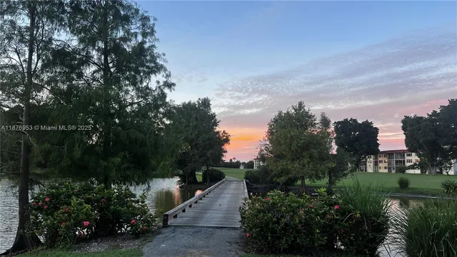 a view of a garden with plants and large trees