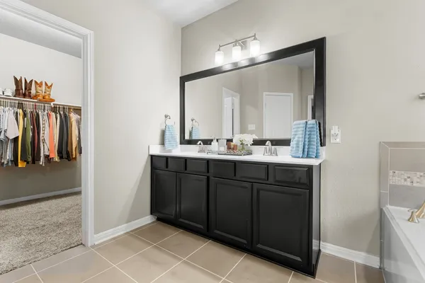 a bathroom with a double vanity sink a mirror and a shower