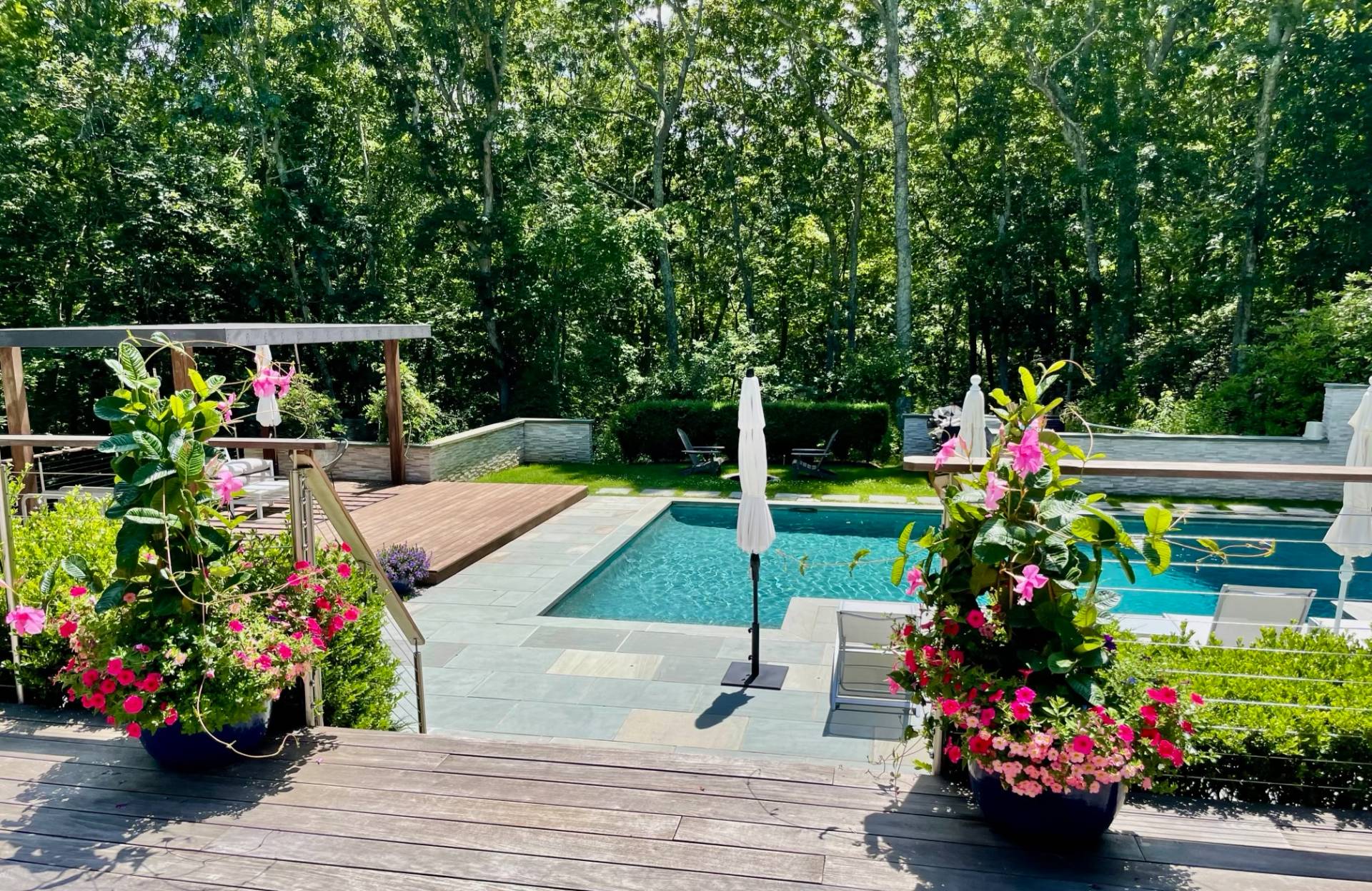 a view of a backyard with plants and fountain
