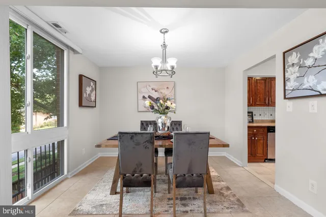 a view of a dining room with furniture window and outside view