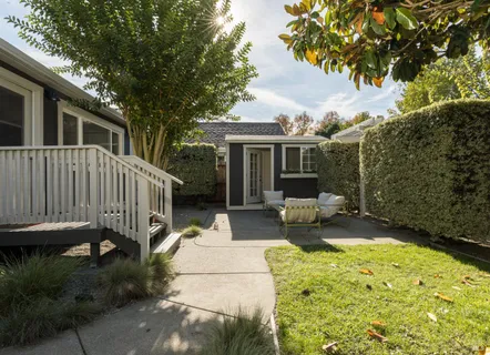 a view of a patio with two chairs potted plants and a large tree