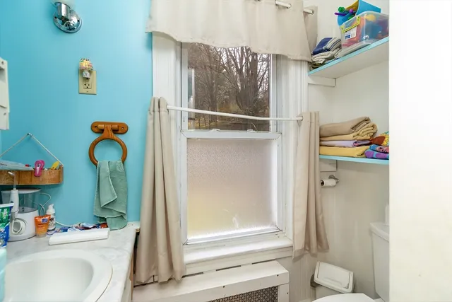 a bathroom with a sink vanity and toilet