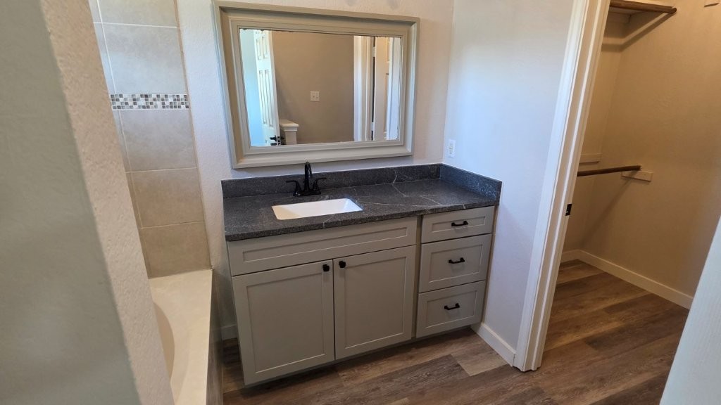4700 Mather Kyle, TX 78640 - Photo 16 of 27 a bathroom with a granite countertop sink and a mirror