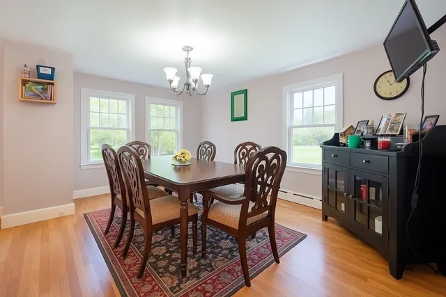 a view of a dining room with furniture window and wooden floor