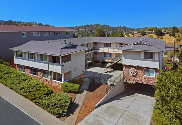 a aerial view of a house with a yard and potted plants