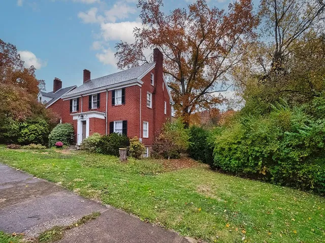 a front view of a house with yard and green space