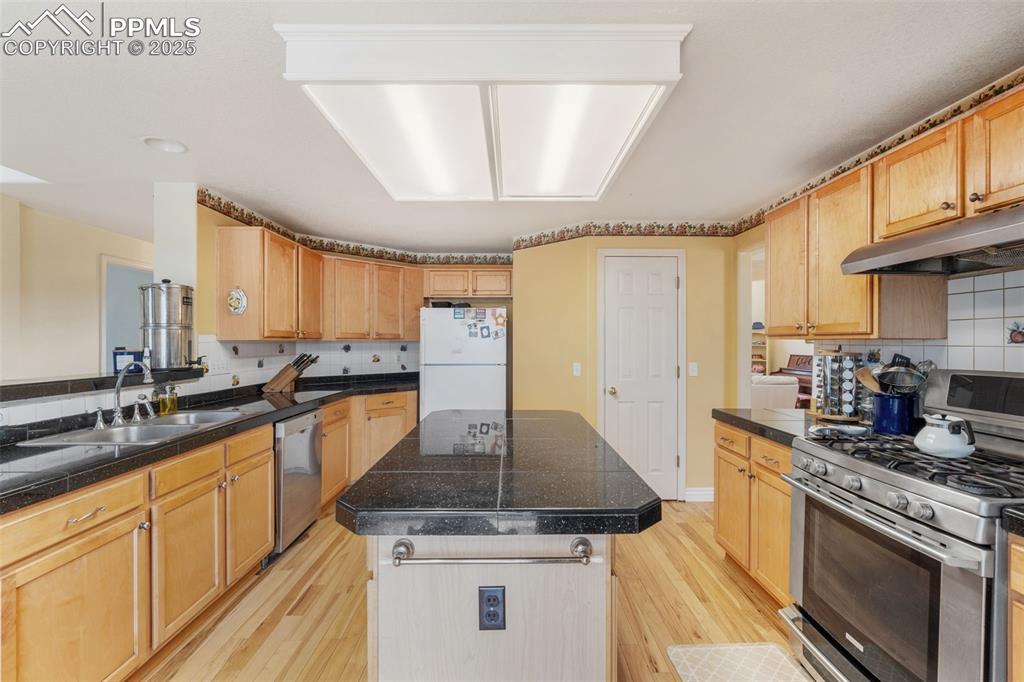8654 Champie Road Peyton, CO 80831 - Photo 18 of 40 a kitchen with stainless steel appliances granite countertop a sink stove and cabinets