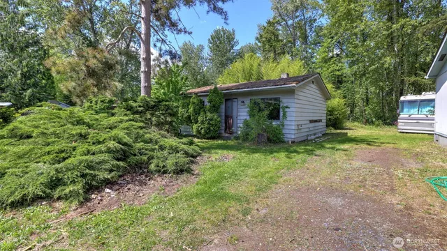 a view of a backyard with potted plants and large trees